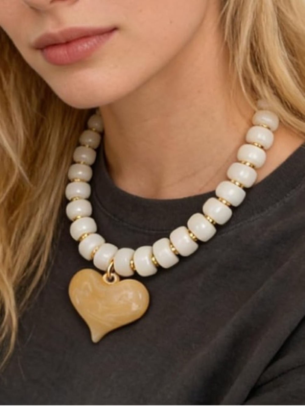 White Cream Beaded Necklace with Heart Pendant